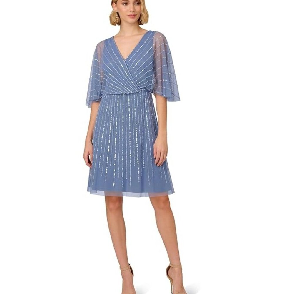 Adrianna Papell Blue Surplice-Neck Beaded Short Dress Size 2 Brand New with Tags - Picture 3 of 4